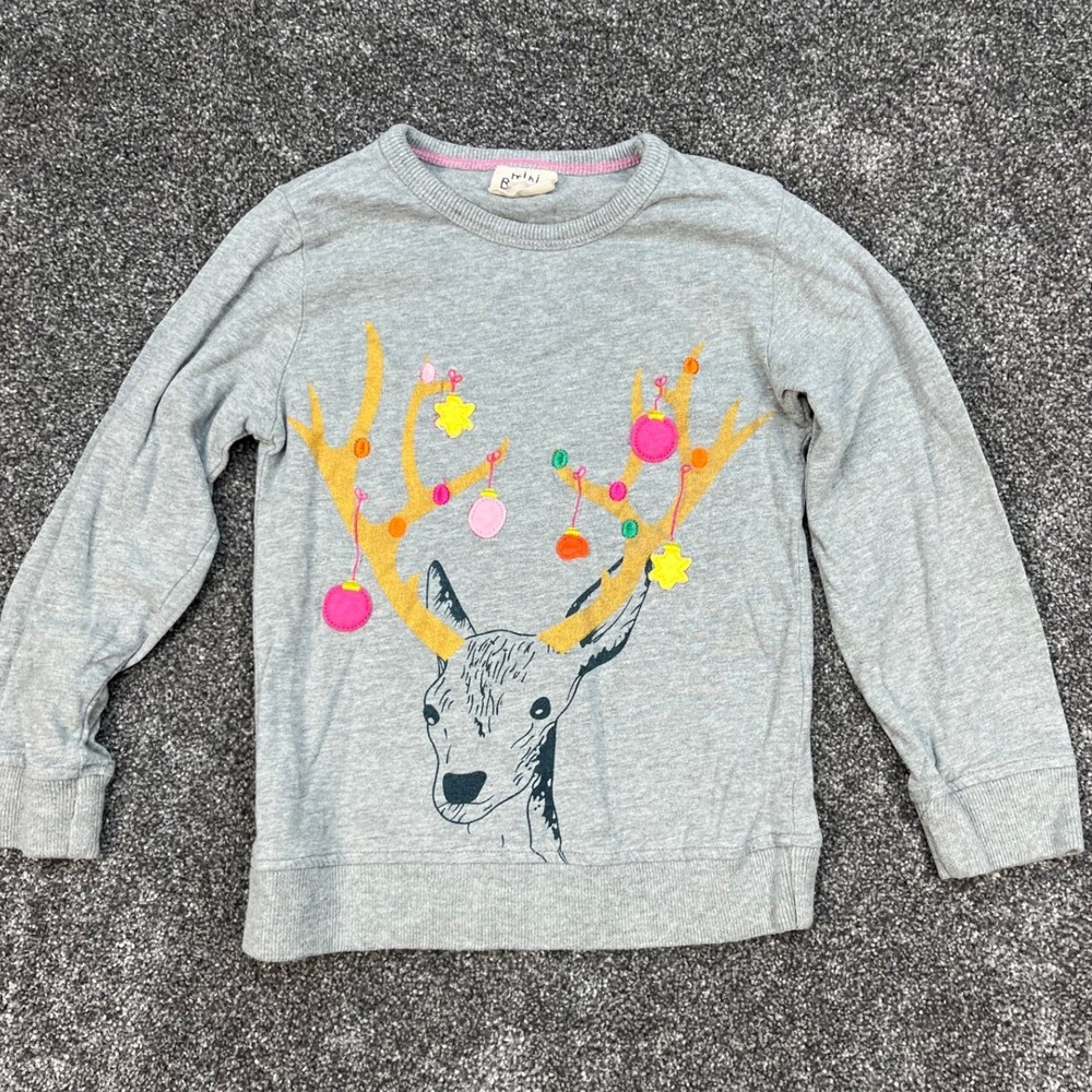 Mini‎ Boden Grey Reindeer Embroidered Ornaments Christmas Sweatshirt Kid's 4-5Y